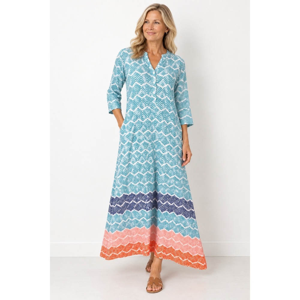 Roberta Roller Rabbit Maxi Dress S Blue Orange Cotton 3/4 Sleeve Pockets